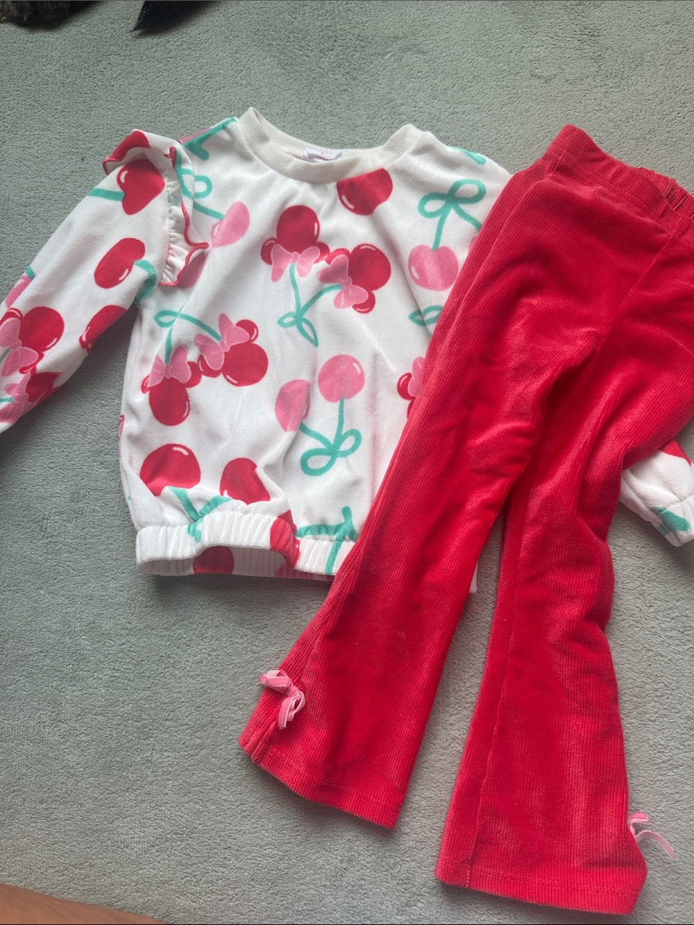 Disney White Pink Red Cherry Print Top with Red Pants Matching Set